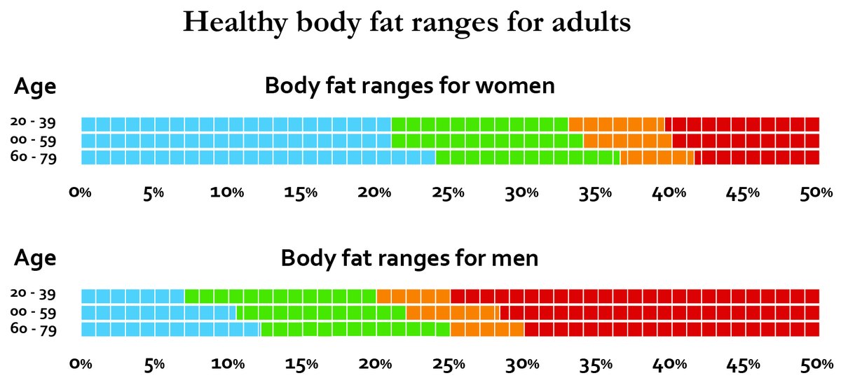Body fat percentage chart showing how fat distribution differs by gender and fitness level.