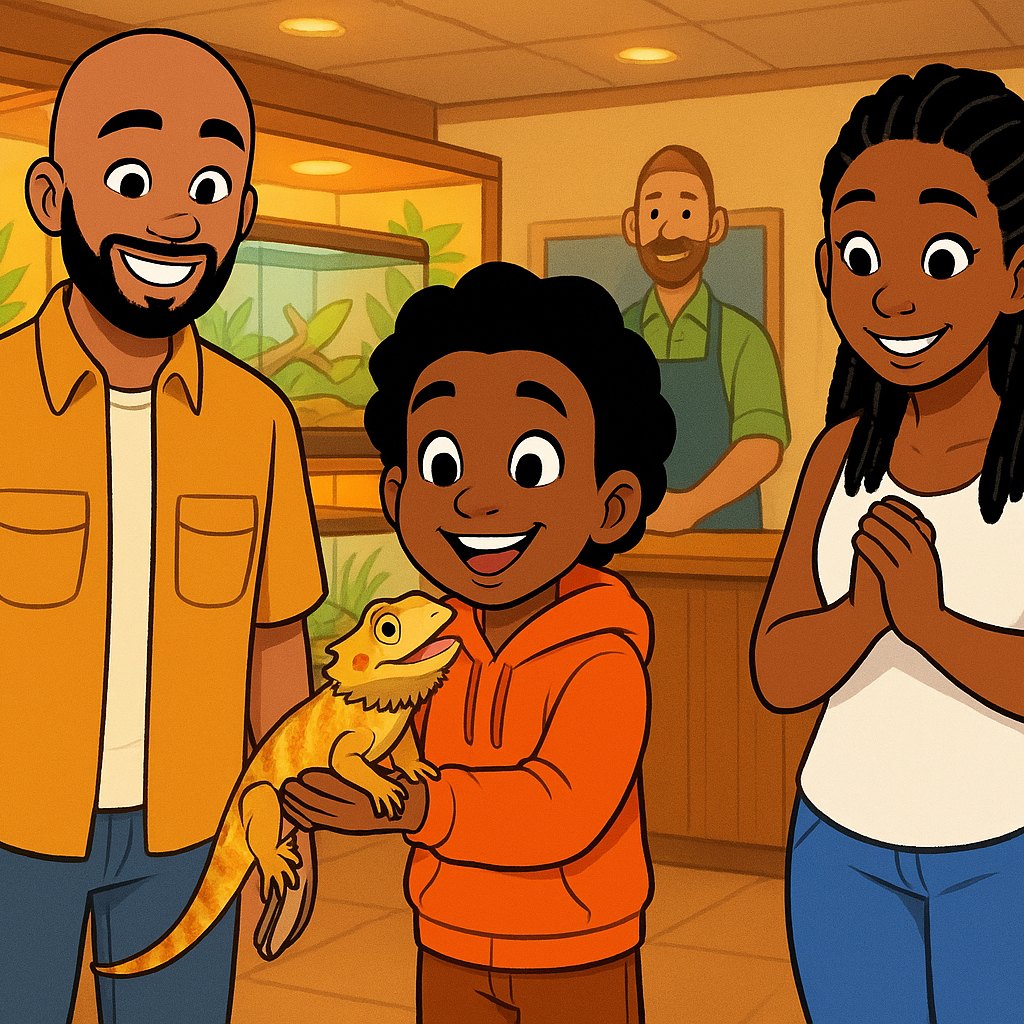 Nic at the pet shop holding a bearded dragon while his mom and dad smile beside him.